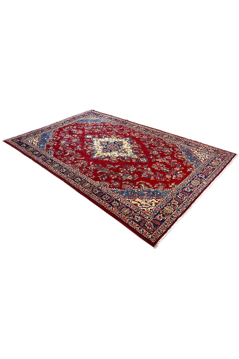 Red patterned oriental rug with a blue border and central ornamental field