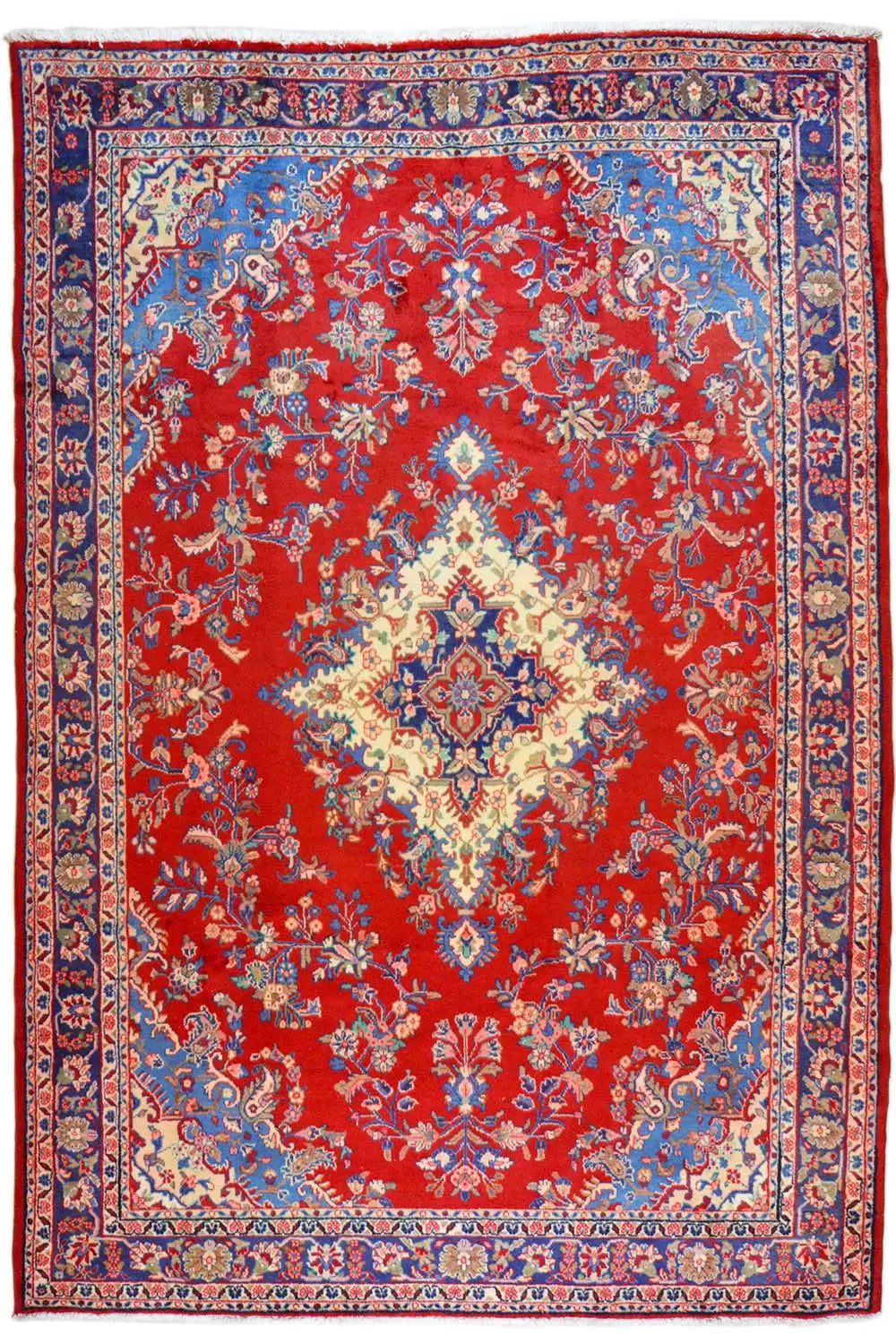 Red Oriental rug with blue border and central medallion, rectangular