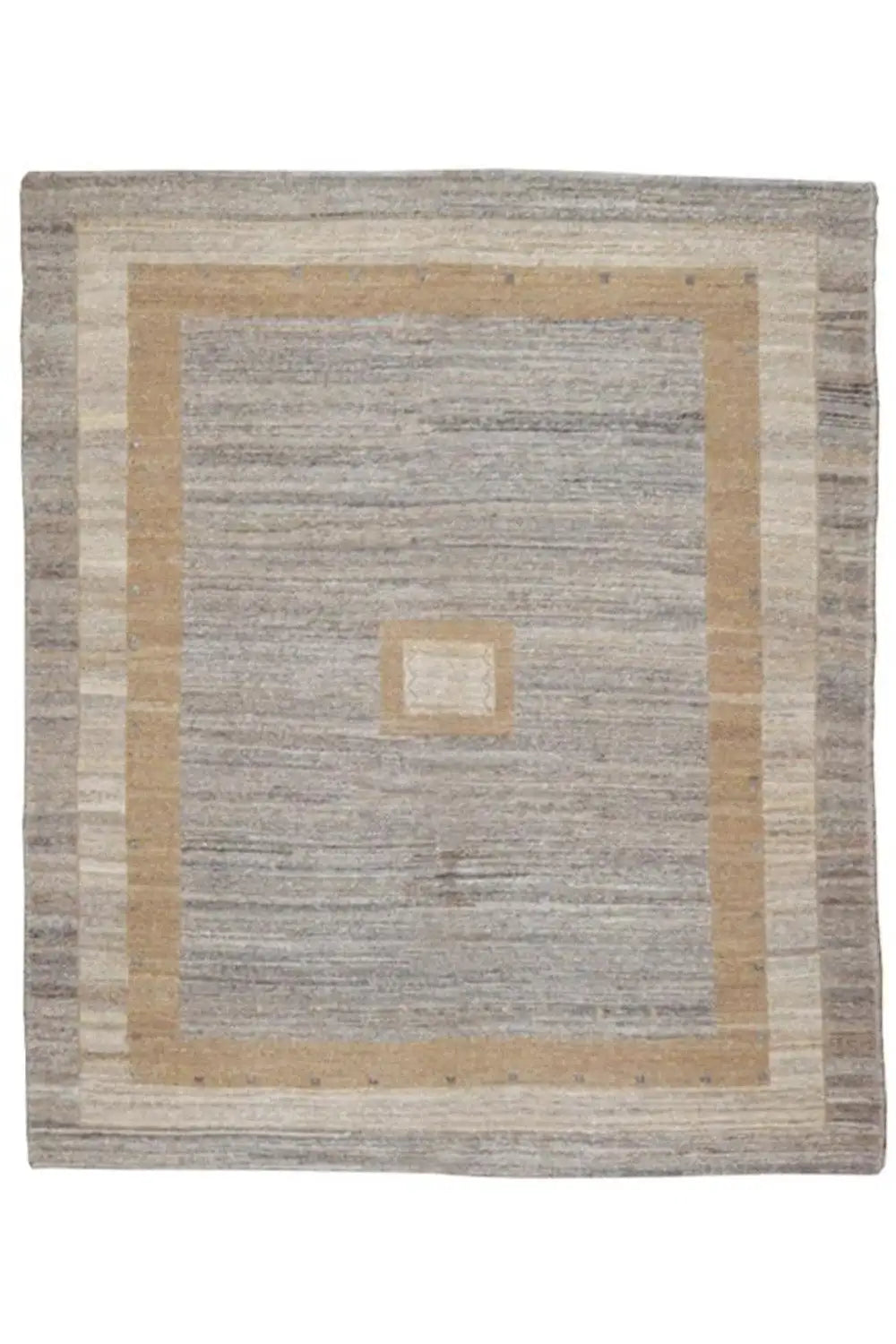 Square kilim rug with a gray background and beige border pattern