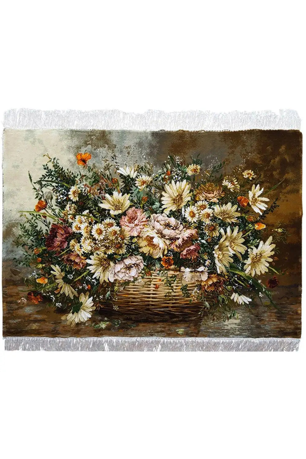 Picture carpet with a bouquet of flowers in a basket, rectangular, white fringed edge, brown-beige design