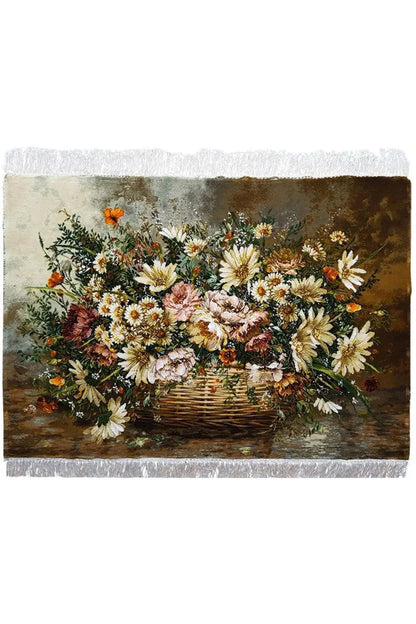Picture carpet with a bouquet of flowers in a basket, rectangular, white fringed edge, brown-beige design