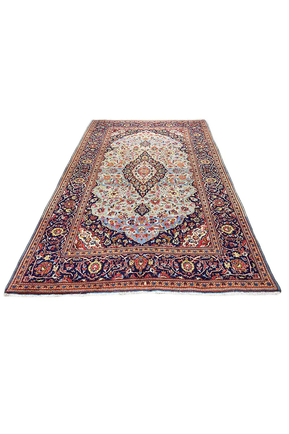 Flatweave rug with an ornamental border in blue, red, beige, and yellow