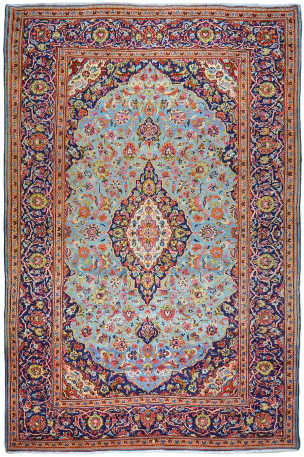 Keshan rug 322x200 cm with medallion pattern, dark blue, red and beige