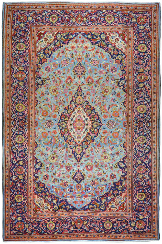 Keshan rug 322x200 cm with medallion pattern, dark blue, red and beige