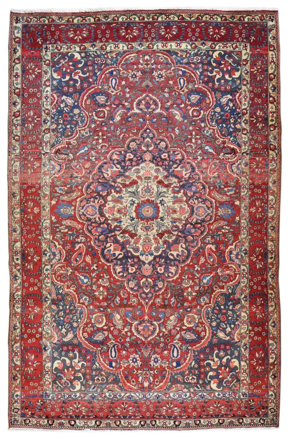 Rug with a red background and blue medallion design, border pattern, 316x216 cm