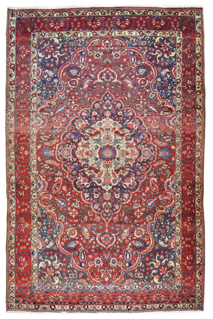 Rug with a red background and blue medallion design, border pattern, 316x216 cm