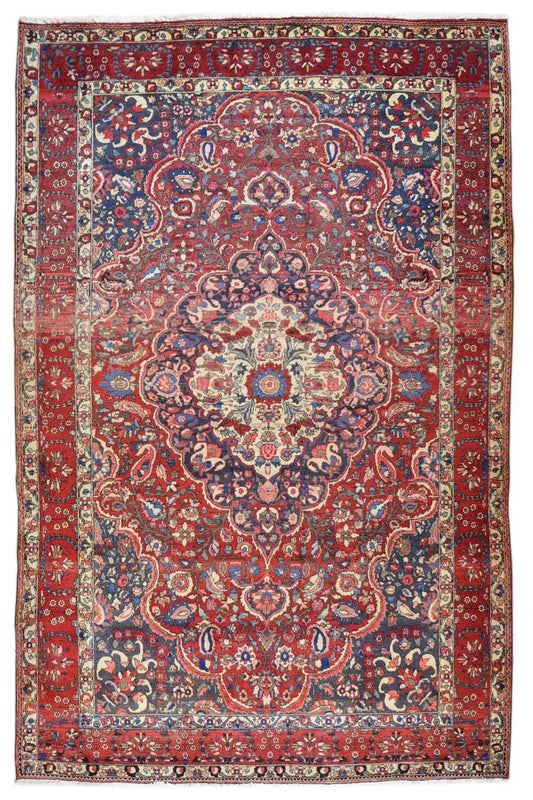 Rug with a red background and blue medallion design, border pattern, 316x216 cm