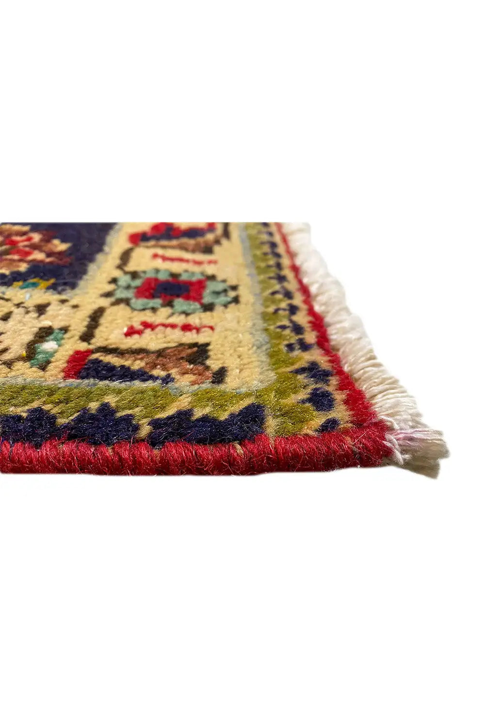 Tabriz carpet border with fringe, multicolored ornaments, and red lower edge