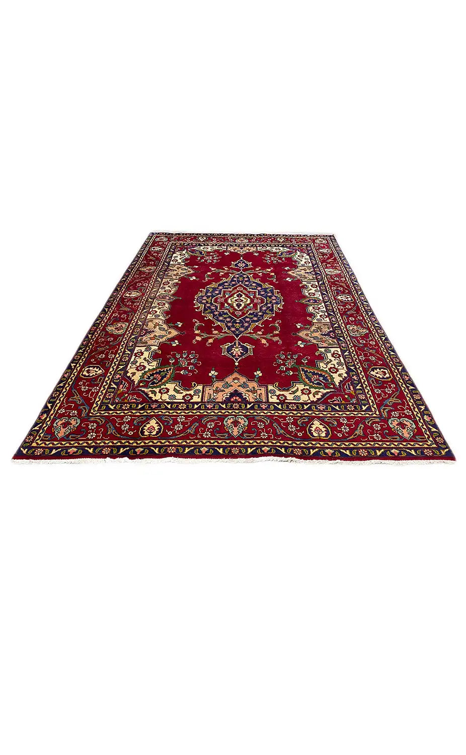 Red Oriental rug, rectangular, with a medallion design and multicolored border pattern