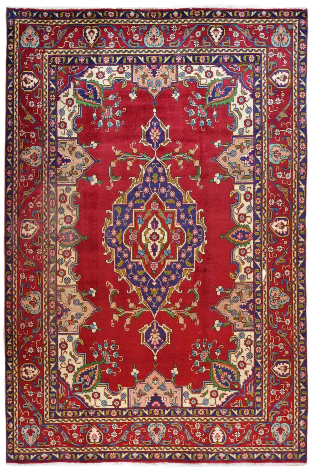 Red Oriental rug with a central medallion and ornamental border, rectangular