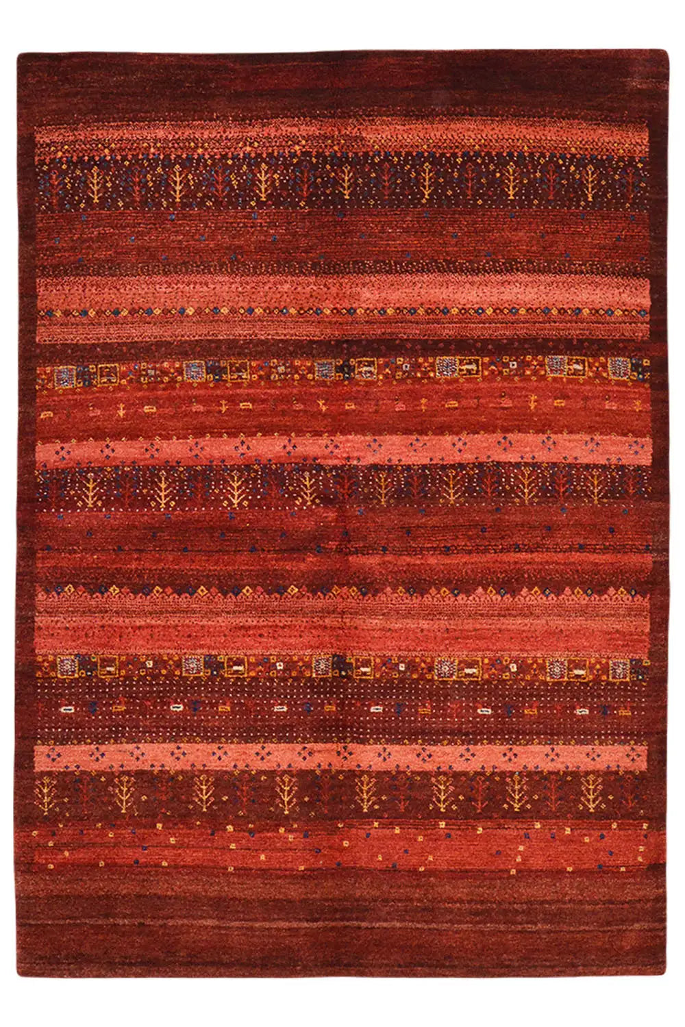 Rectangular Gabbeh rug: horizontal striped pattern in reddish brown with colorful details.