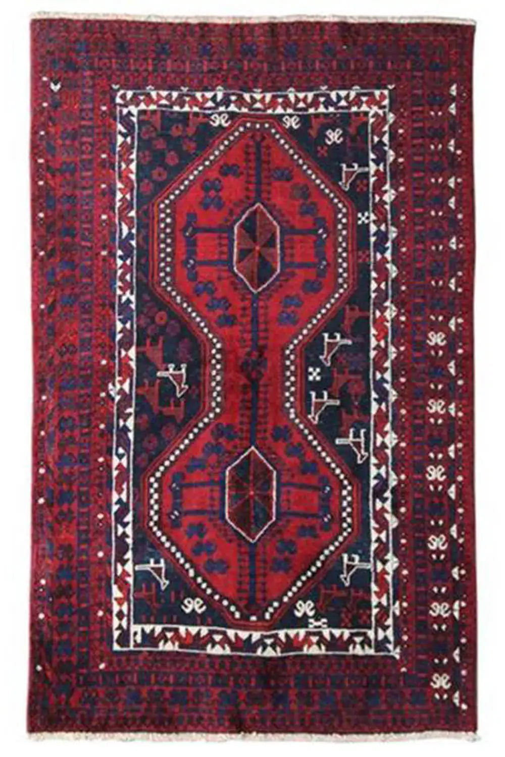 Rectangular oriental rug with a red background, central medallion, and white border design