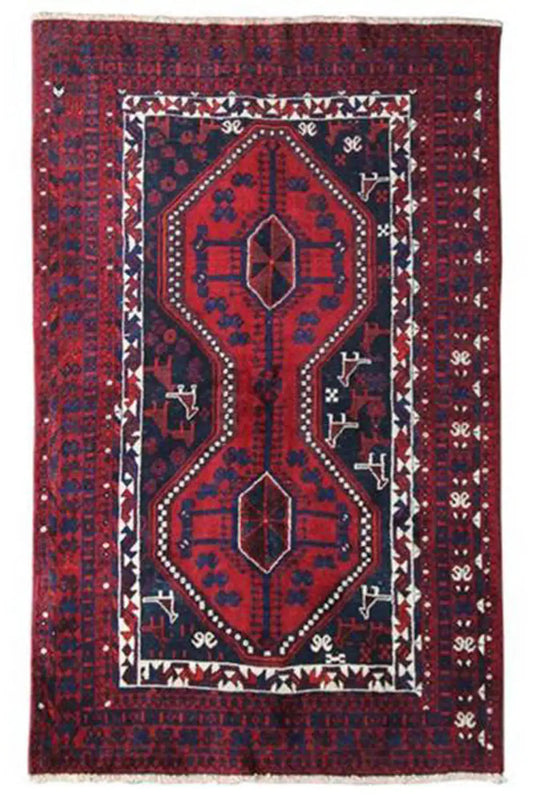 Rectangular oriental rug with a red background, central medallion, and white border design