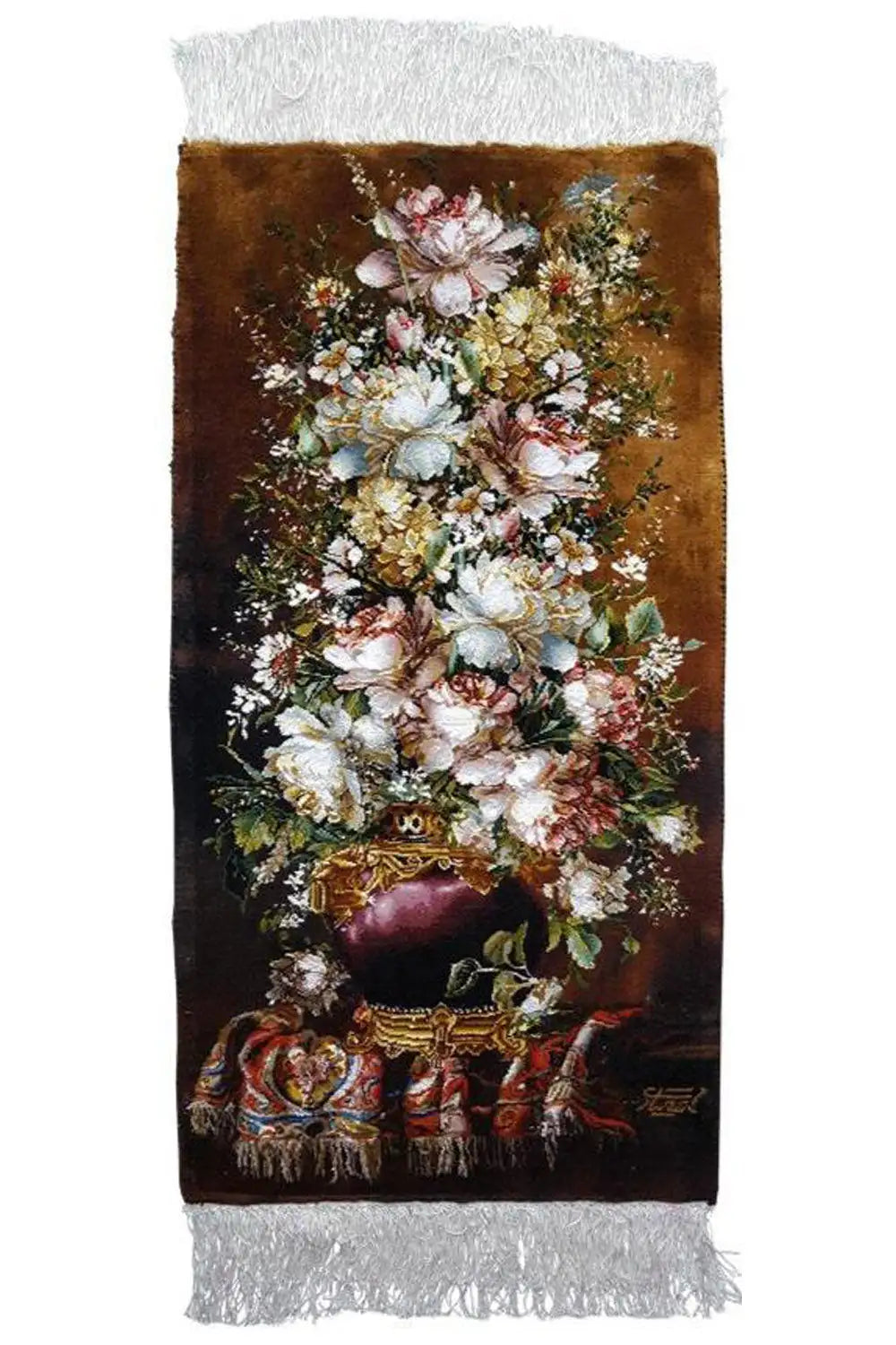 Wall tapestry 82x45 cm with a bouquet of flowers and ornamental elements, dark brown, white fringe border.
