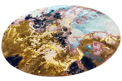 Oval rug with an abstract mix of gold, blue, green, and beige tones