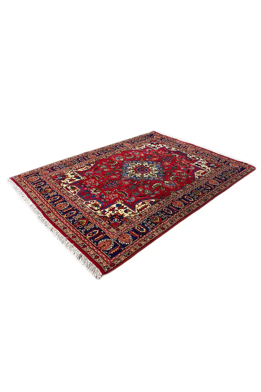 Red rug with central medallion and ornamental border, rectangular