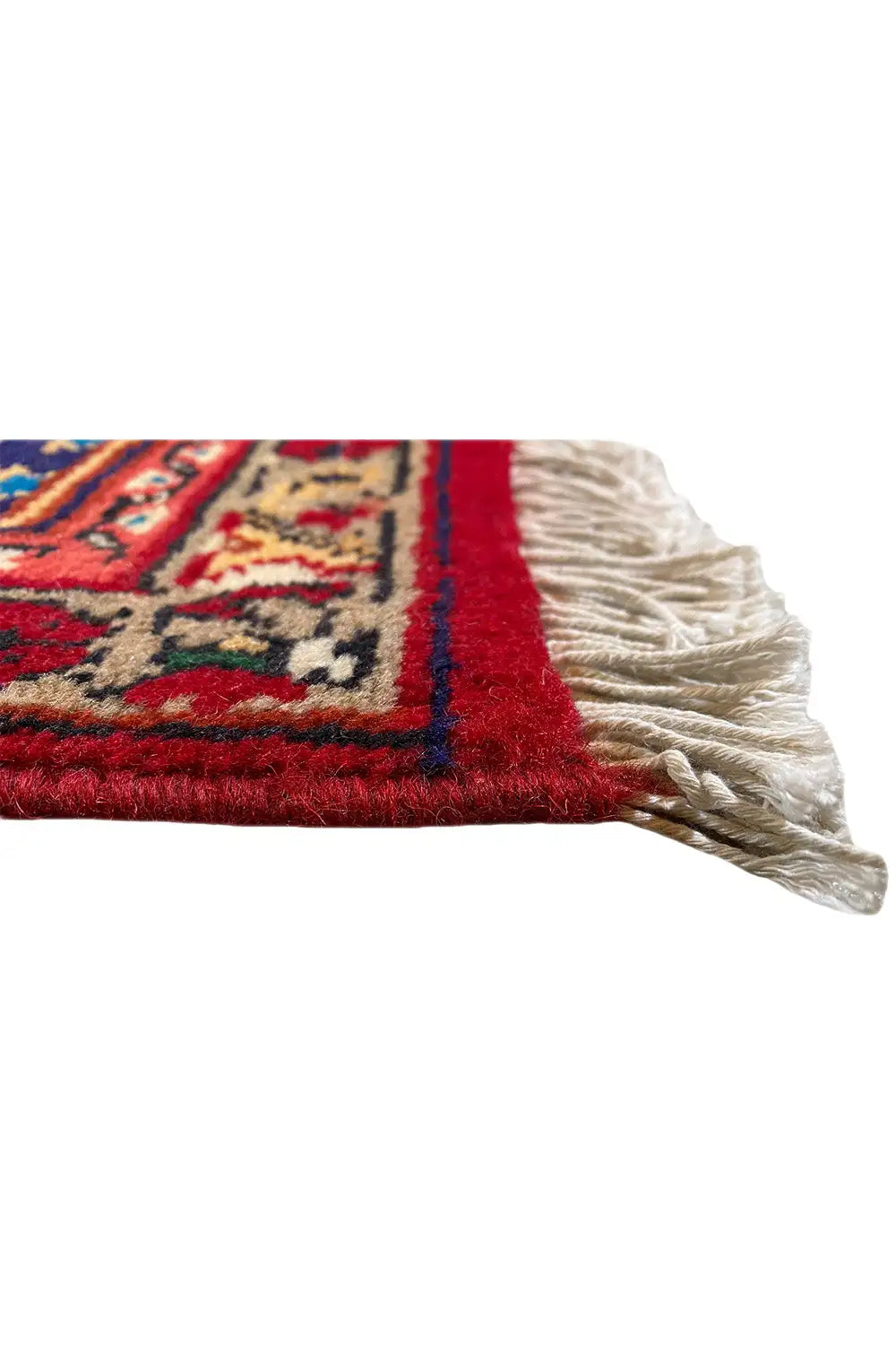 Carpet edge with fringe and red field, blue border pattern
