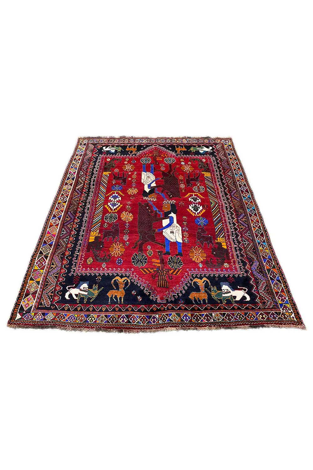 Multicolored Oriental rug, red central motif with figures, surrounding borders