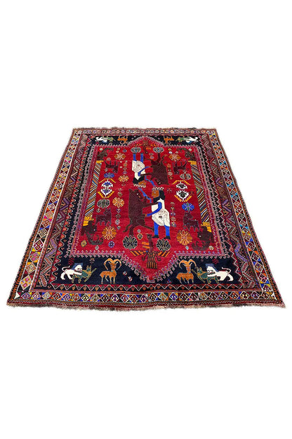 Multicolored Oriental rug, red central motif with figures, surrounding borders