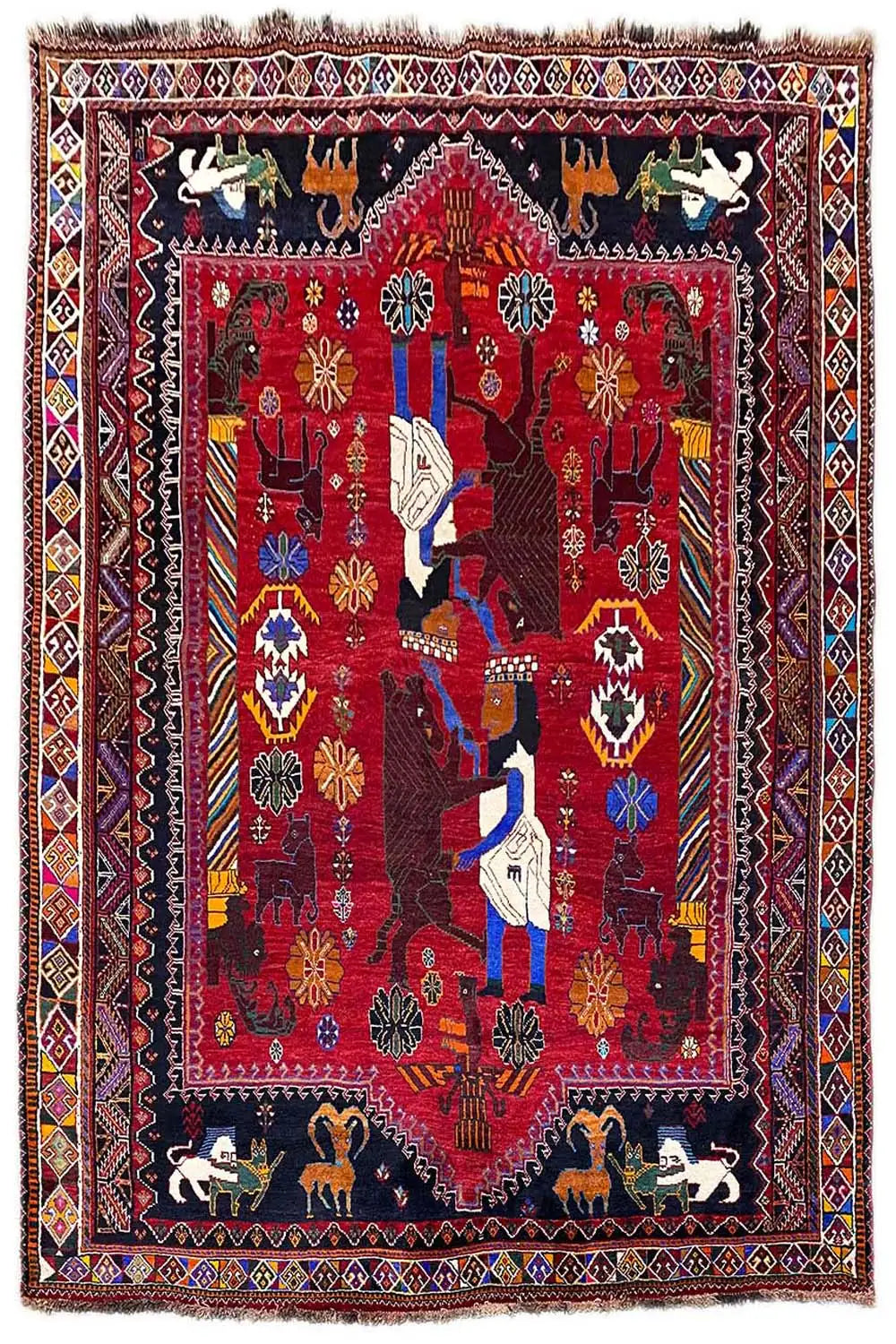 Red oriental rug with medallion palace pattern and bordered edge, multicolored