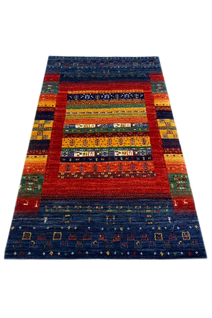 Gabbeh rug 122x79 cm, rectangular, geometric pattern in blue and red