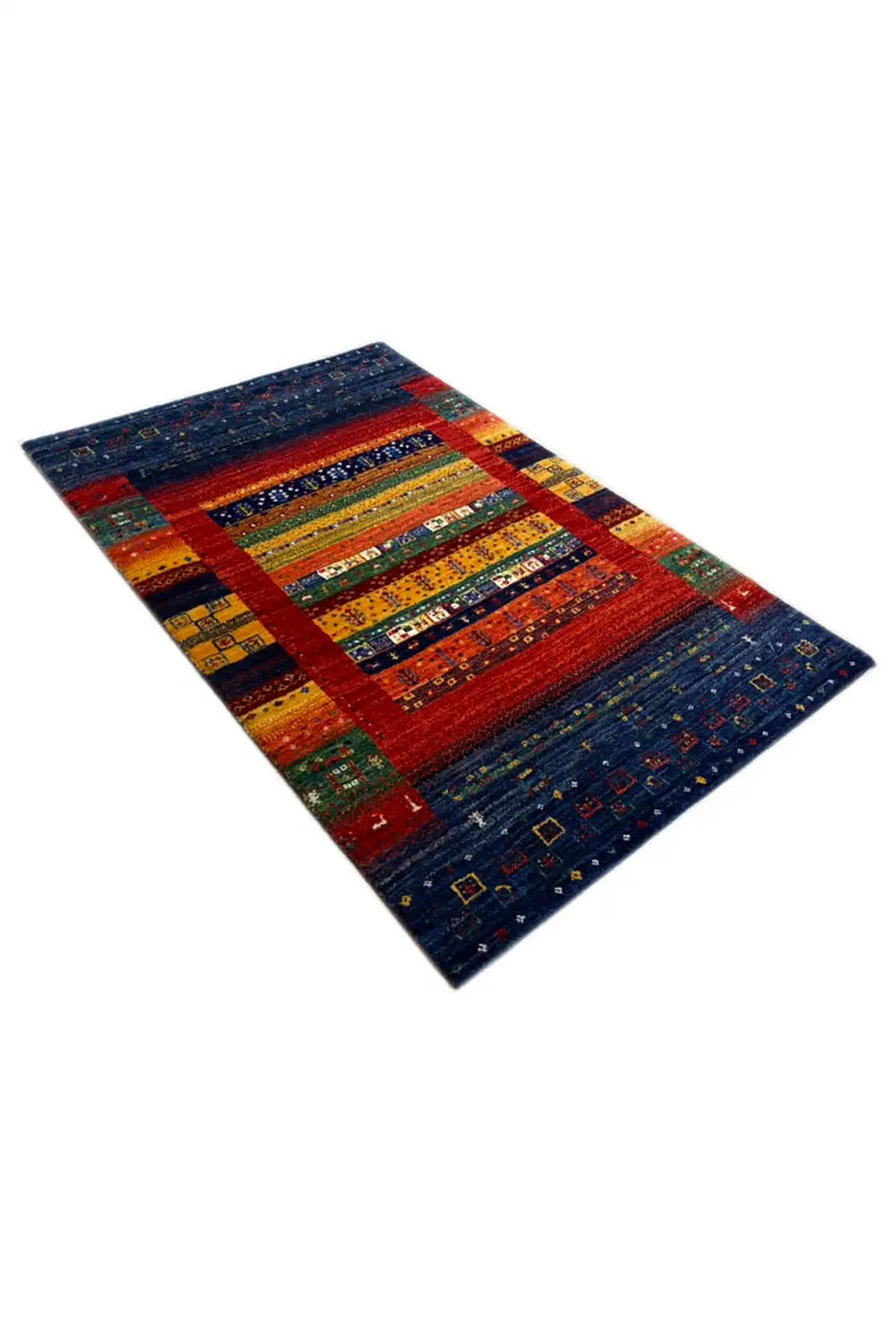 Gabbeh rug 122x79 cm, angled view of a zoned pattern in blue, red, and yellow