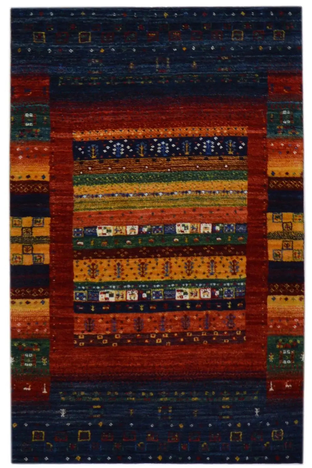 Gabbeh rug 122x79 cm with a geometric border pattern in blue, red and green