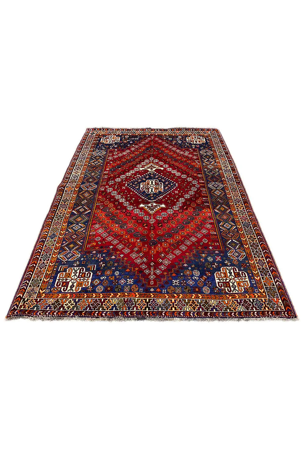 Rectangular rug with a red pattern and blue accents, flat-woven.