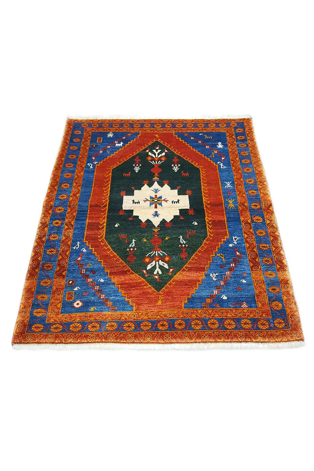 Gabbeh rug: central diamond with decorative arch, blue ornamental band, and orange border