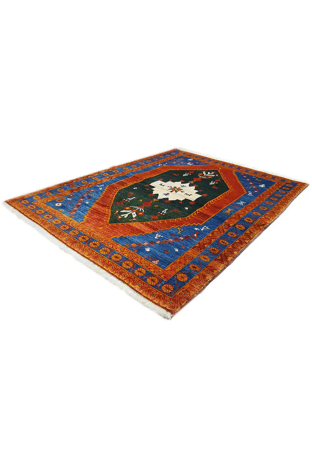 Blue and orange Gabbeh rug with a central medallion and green detailed motifs