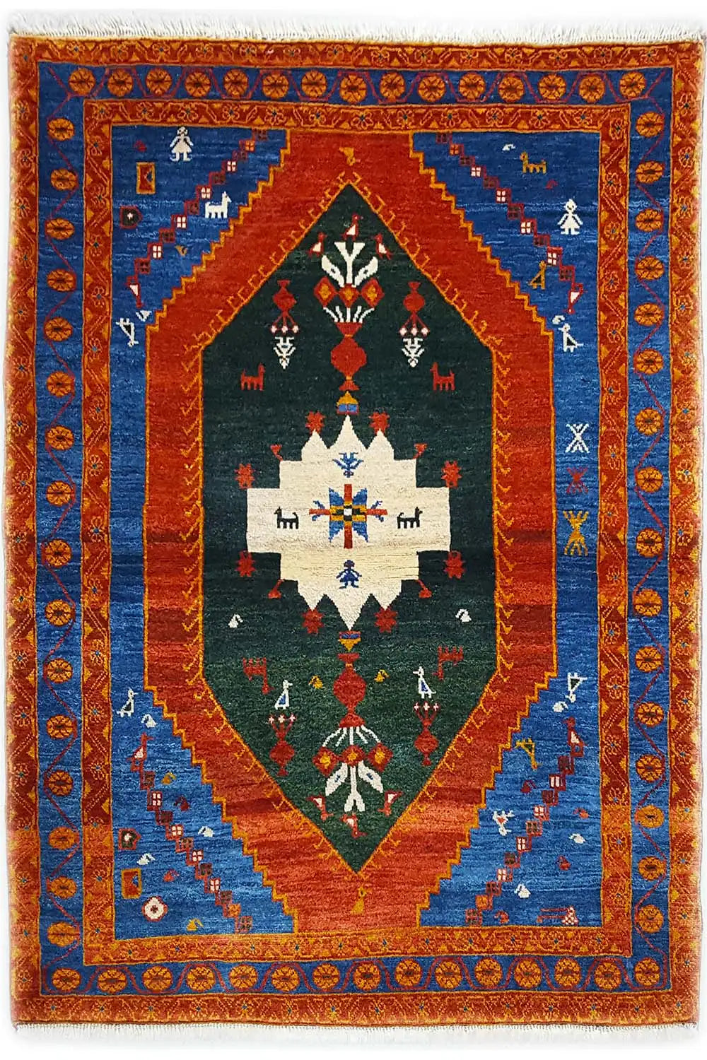 Gabbeh rug with a blue-orange border, central diamond motif, and turquoise field