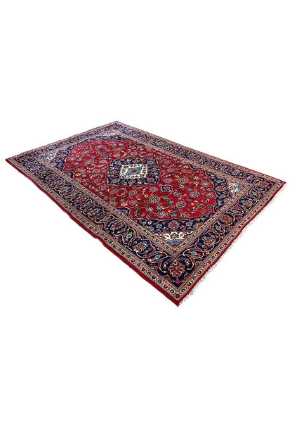 Rug corner: red center, dark blue border and multicolored ornaments, rectangular