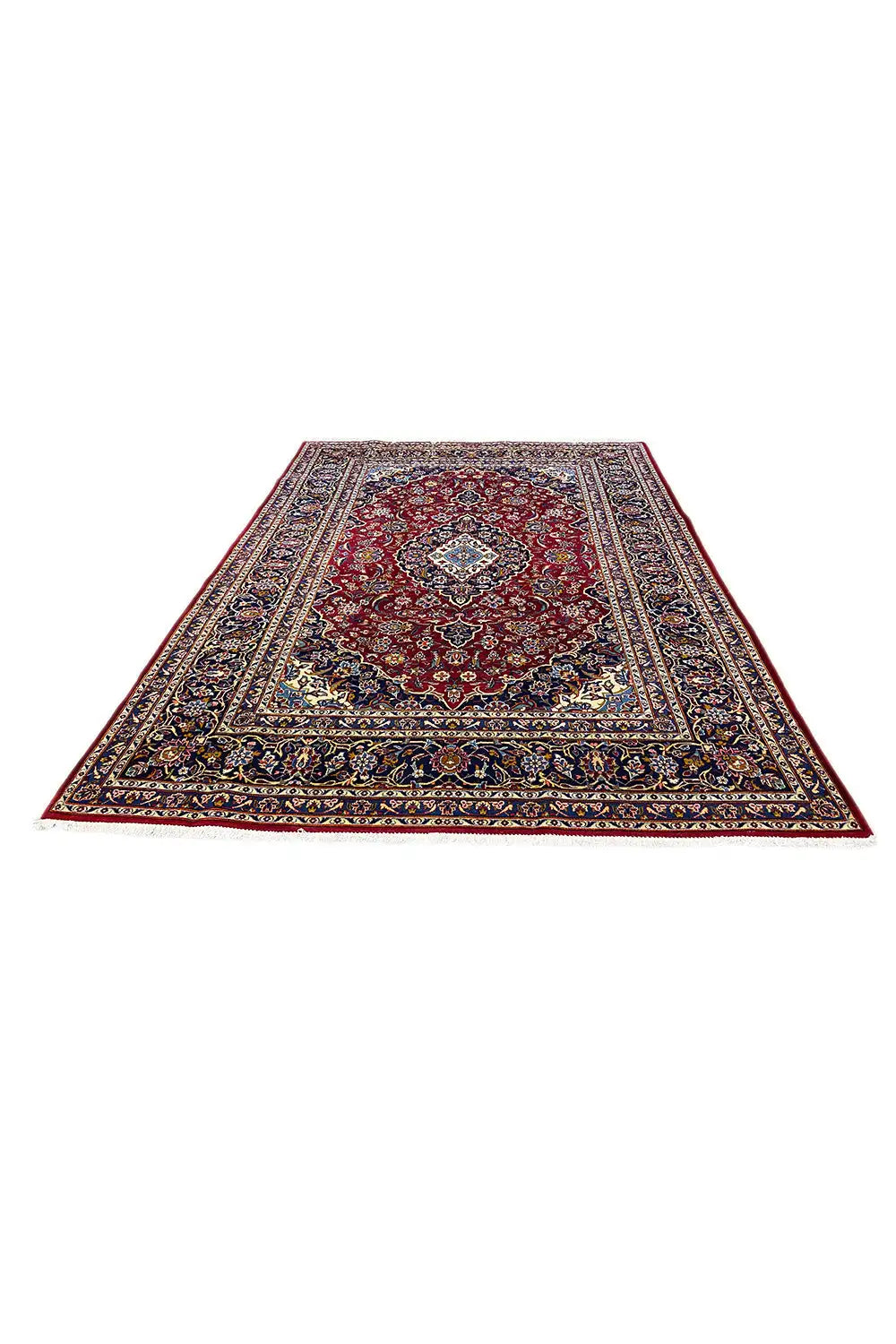 Oriental rug with a red base and delicate blue borders, laid out in a rectangular shape