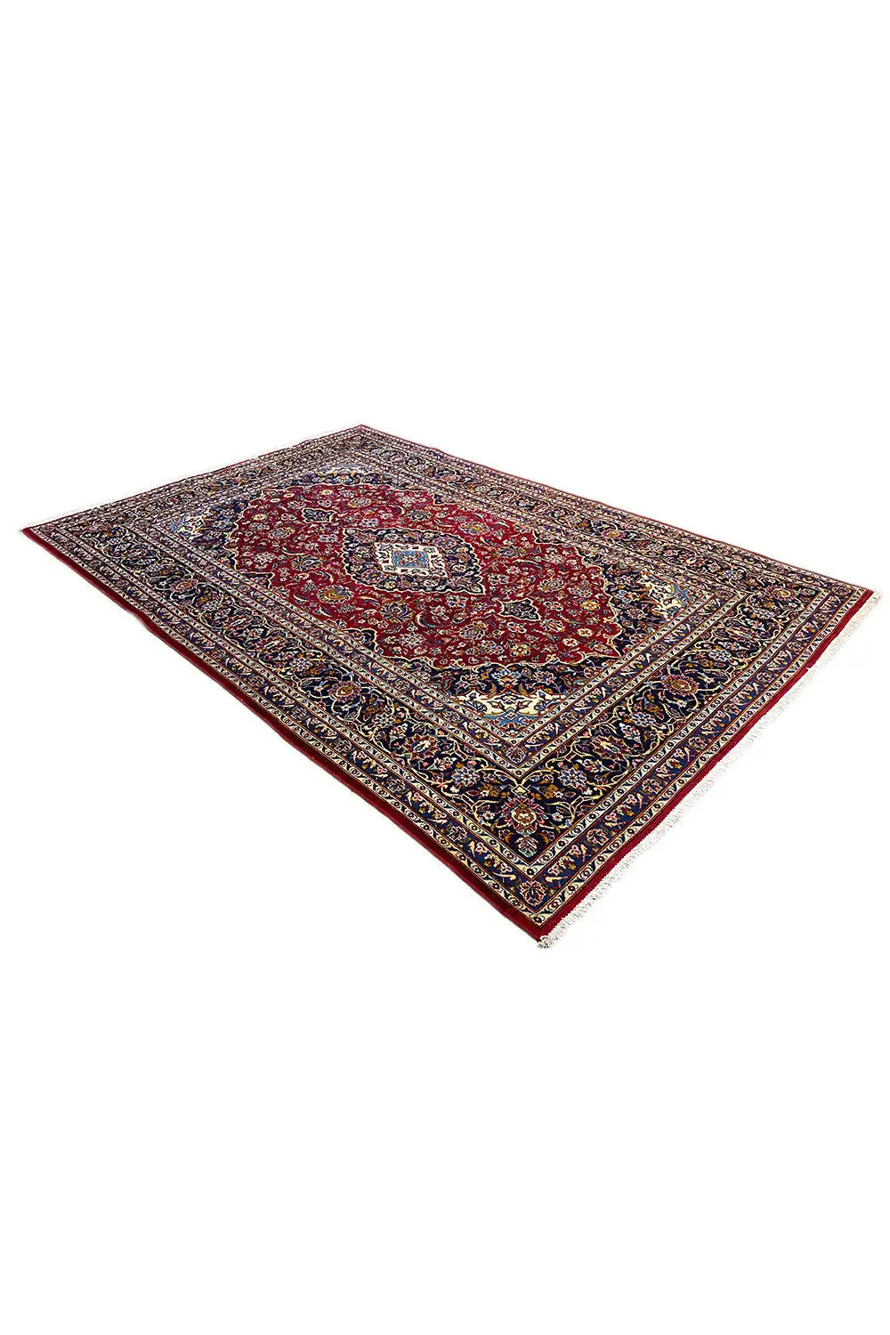Oriental rug with a red center, multicolored ornamental border, and geometric frame