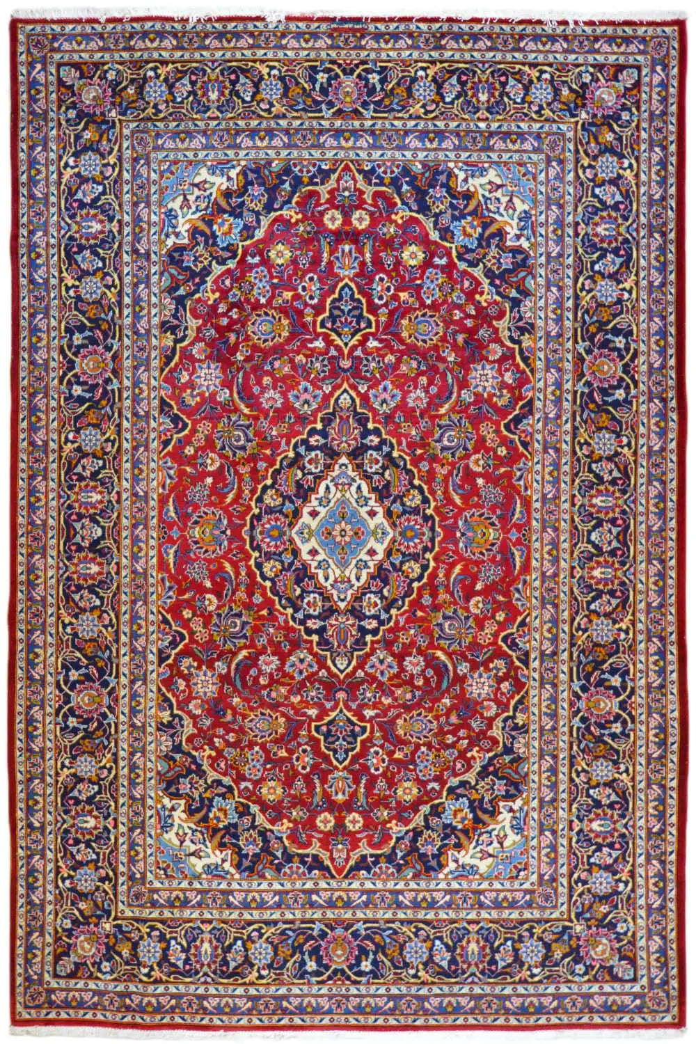 Oriental rug with a red background, blue-and-gold ornaments, and a central medallion