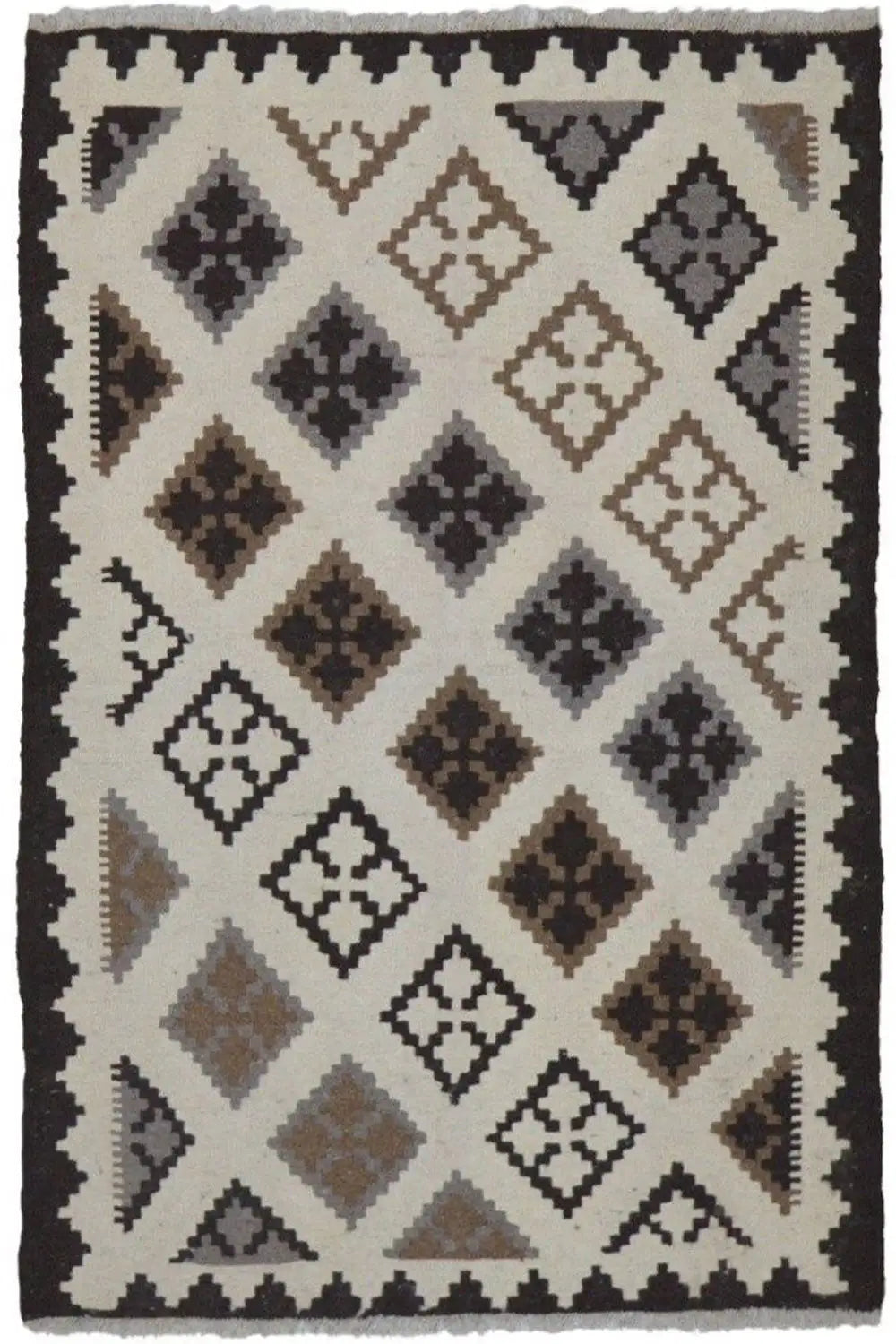Kilim rug with diamond and cross patterns, cream-colored background, black-brown