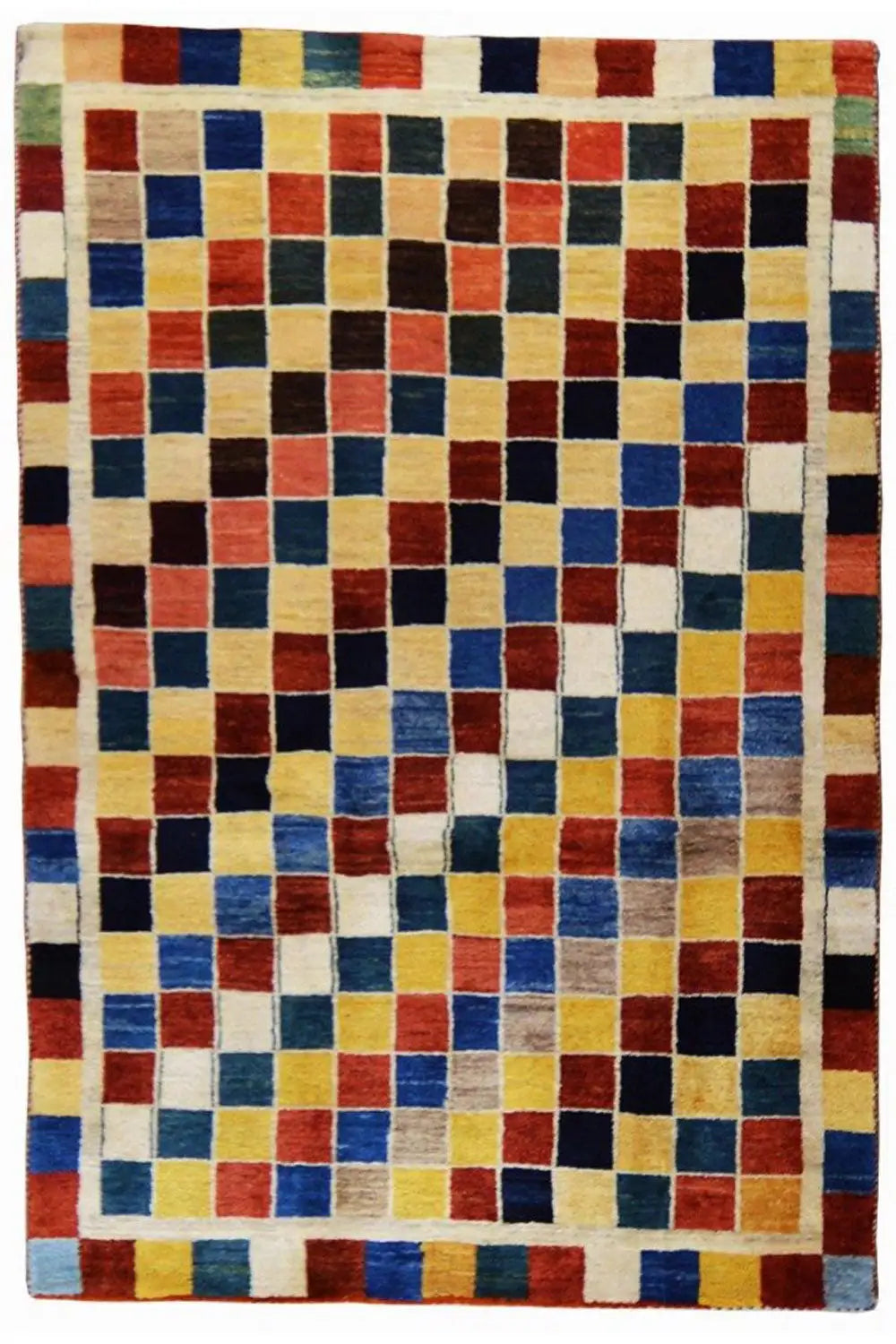 Gabbeh rug (196x132 cm) with a square tile pattern made of colorful squares