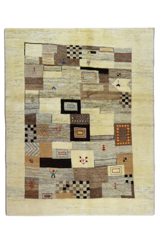 Beige rug with square and diamond motifs in gray, brown, black, and red