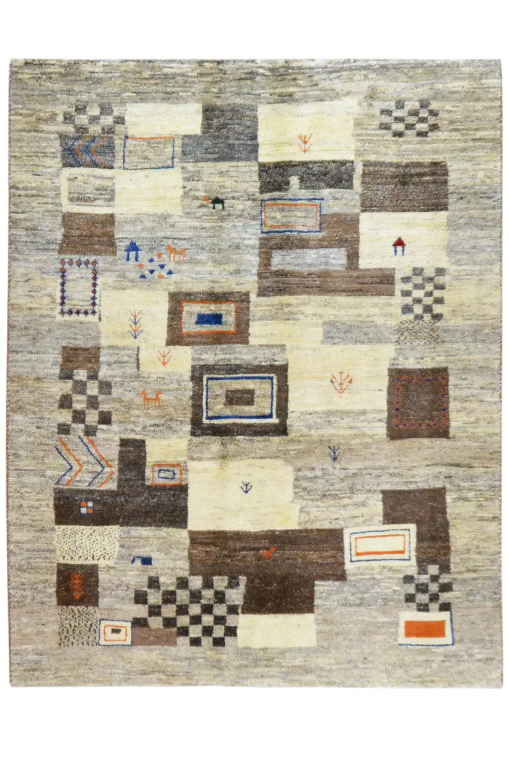 Gabbeh rug with a square pattern: cream-colored background, brown-black areas, blue/orange