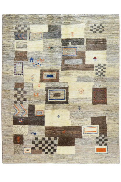 Gabbeh rug with a square pattern: cream-colored background, brown-black areas, blue/orange