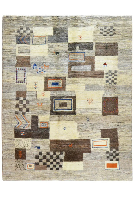 Gabbeh rug with a square pattern: cream-colored background, brown-black areas, blue/orange