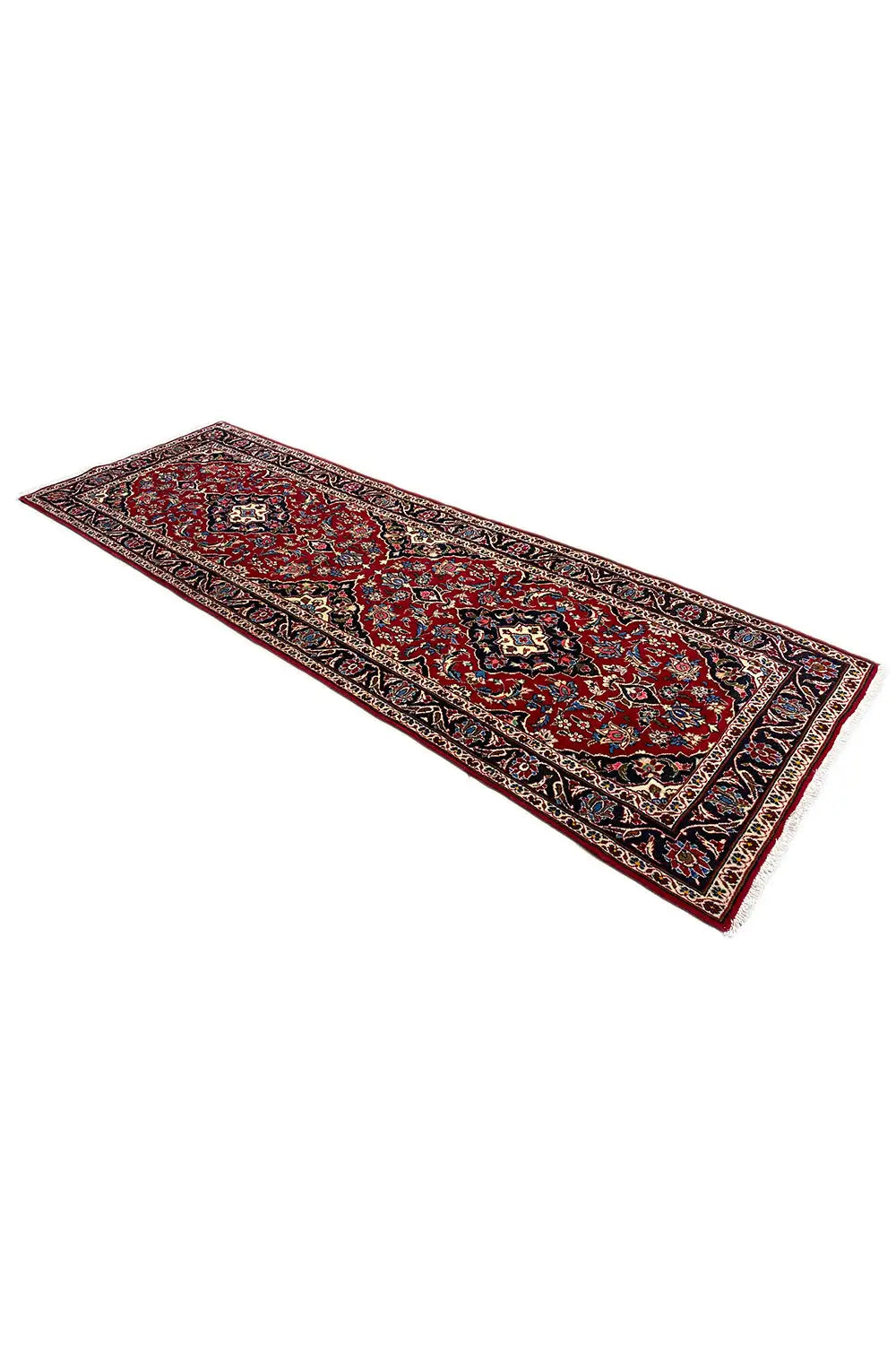 Red Oriental rug with finely patterned border motifs, rectangular.