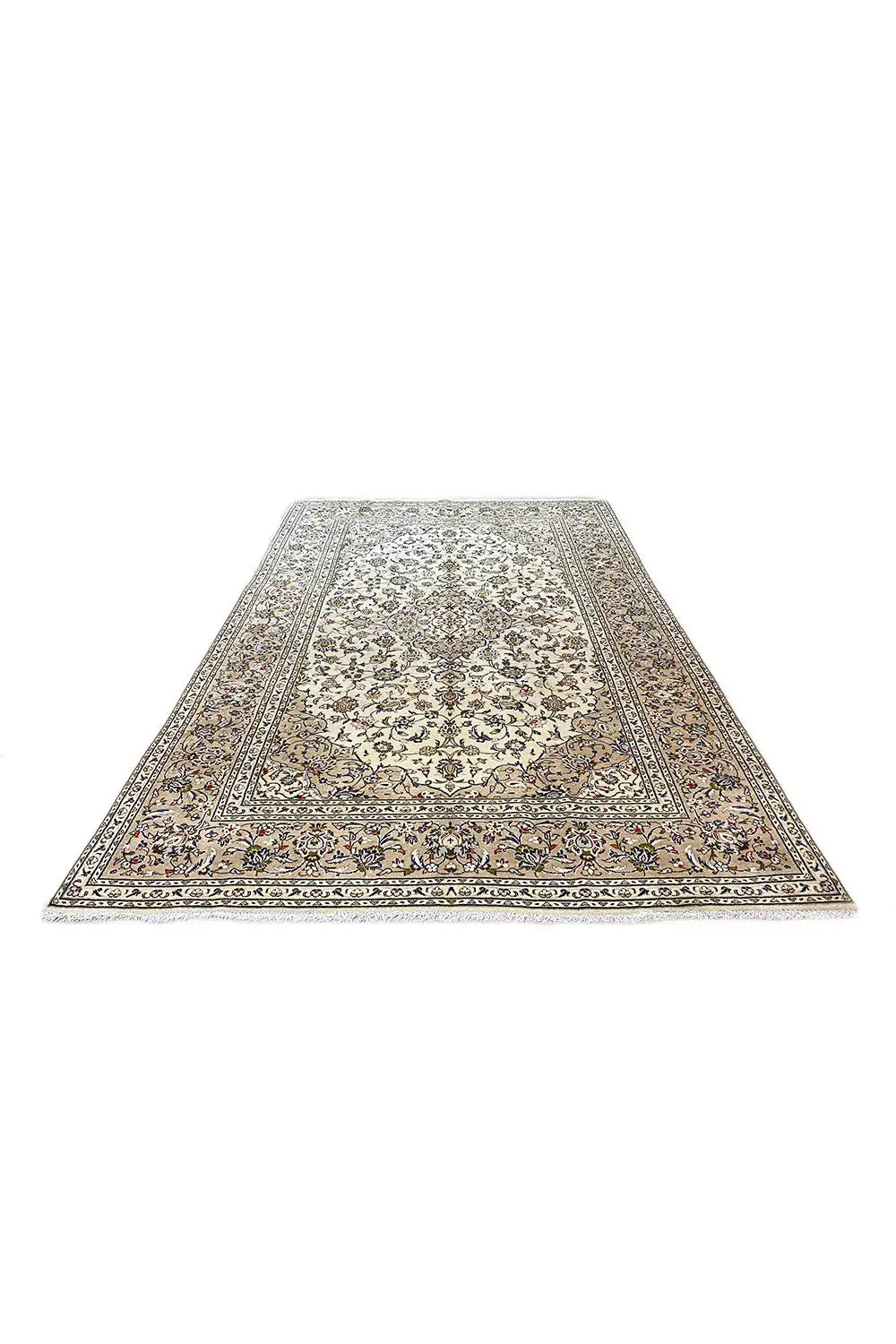 Oriental rug, beige background with a dark decorative border and central pattern, rectangular