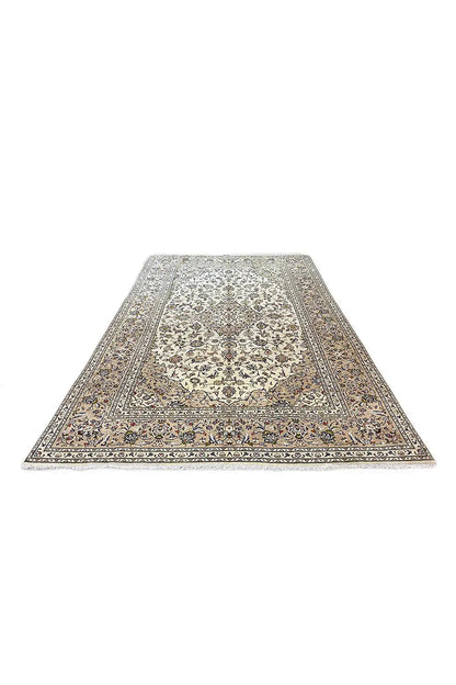Oriental rug, beige background with a dark decorative border and central pattern, rectangular