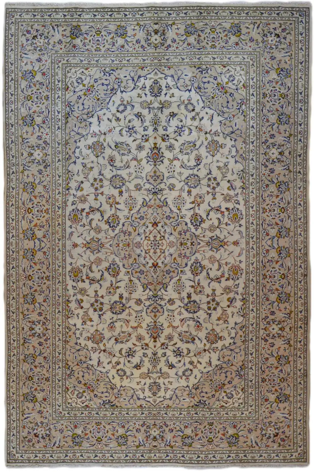 Oriental rug with a beige-brown base, blue ornamental border and medallion, rectangular