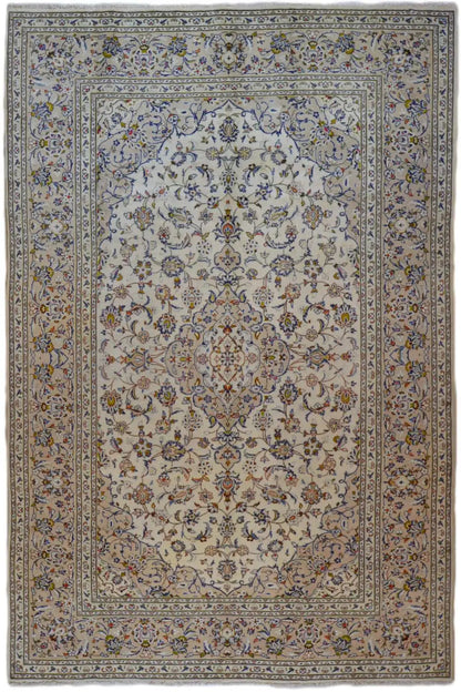 Oriental rug with a beige-brown base, blue ornamental border and medallion, rectangular
