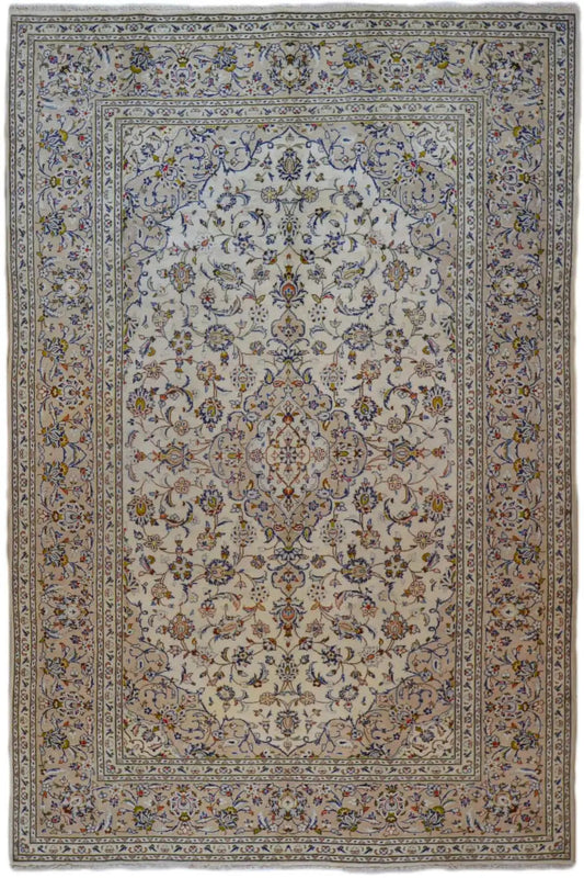 Oriental rug with a beige-brown base, blue ornamental border and medallion, rectangular