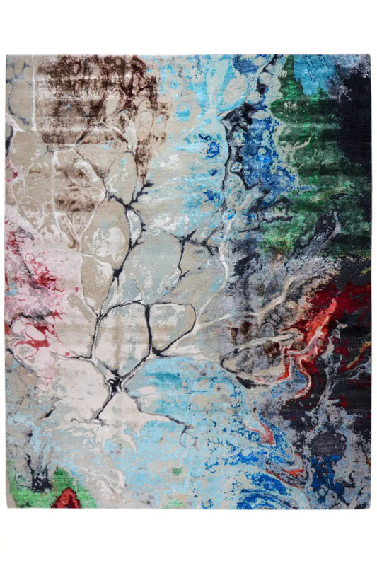 Designer rug front view: abstract vein pattern in blue, gray, beige, red, and green.