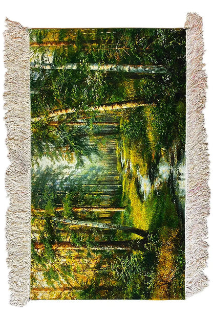 Tapestry 101x54 cm with a close-up forest path motif, tassel details on all edges