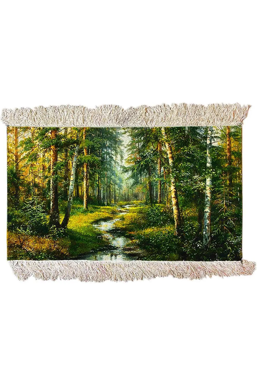 Tapestry 101x54 cm with forest path, fringes at the top and bottom, rich green and yellow tones